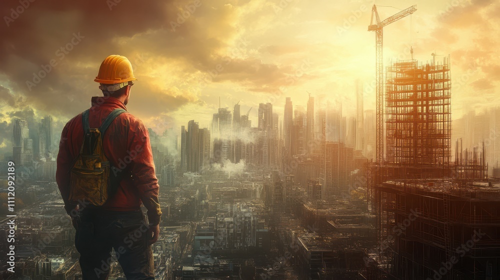 Builder man against cityscape Builder man against cityscape