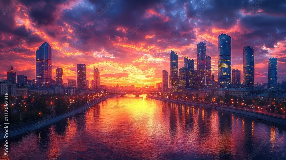 Fototapeta premium A stunning sunset over a city skyline reflecting in a river, showcasing vibrant colors.