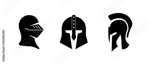 A minimalistic black helmet icon representing a knight or gladiator, symbolizing medieval defense, chivalry, and ancient warrior traditions in battle.