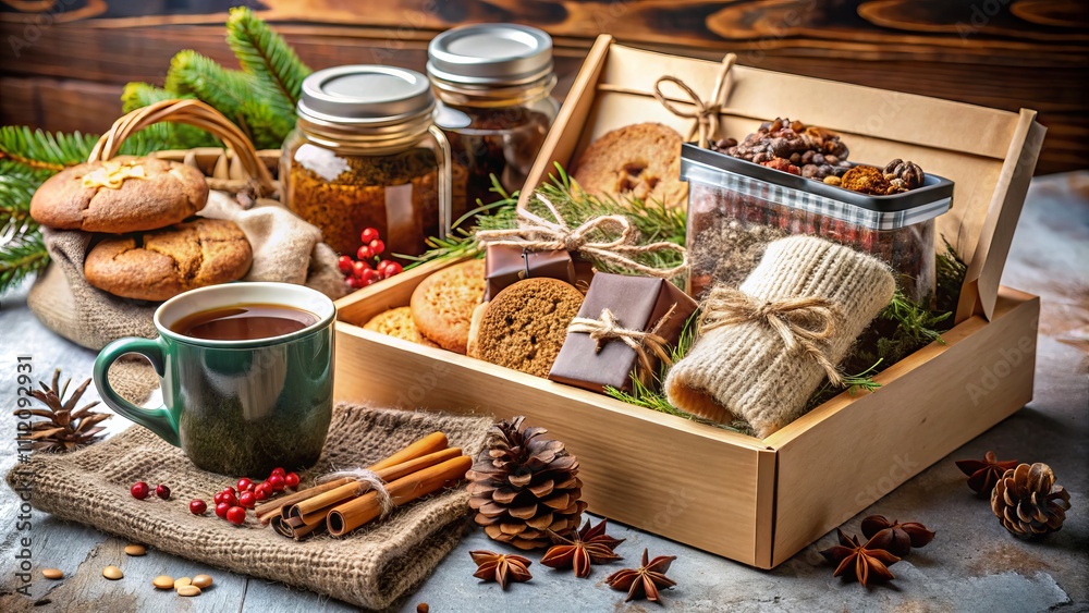 Fototapeta premium Crafting Eco-Friendly Seasonal Gift Baskets: Personalized Care Packages Filled with Coffee, Cookies, Spices, and Cups for Thanksgiving, Christmas, and Other Holidays