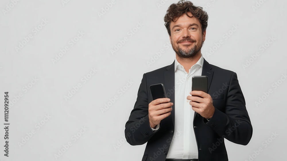 Businessman, winner, phone holding and business success, isolated on white background Businessman, winner, phone holding and business success, isolated on white background
