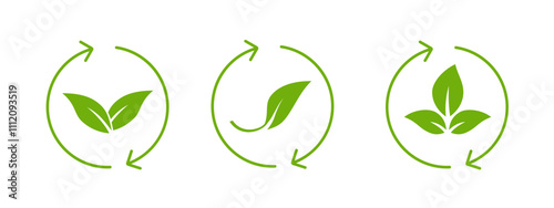 A simple circular icon featuring a green leaf with a clean outline, representing organic agriculture, health, and renewable energy, perfect for eco friendly stickers and bio products.