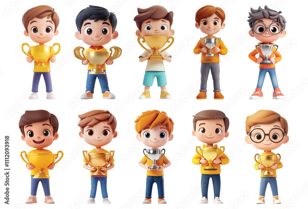Pack Boy Holding a Big Trophy set against transparent background for Awards or Achievements Pack Boy Holding a Big Trophy set against transparent background for Awards or Achievements