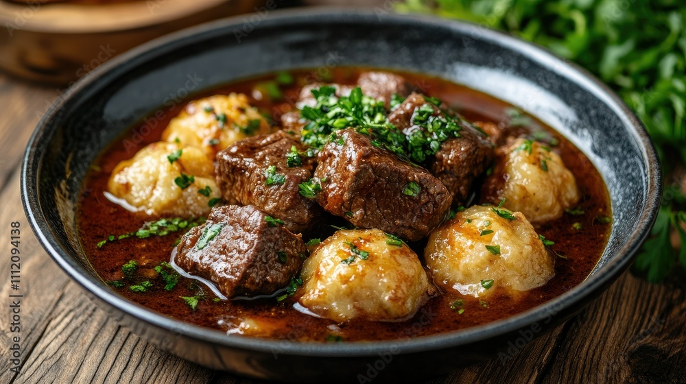 Delicious beef stew with tender meat and fluffy dumplings in bowl