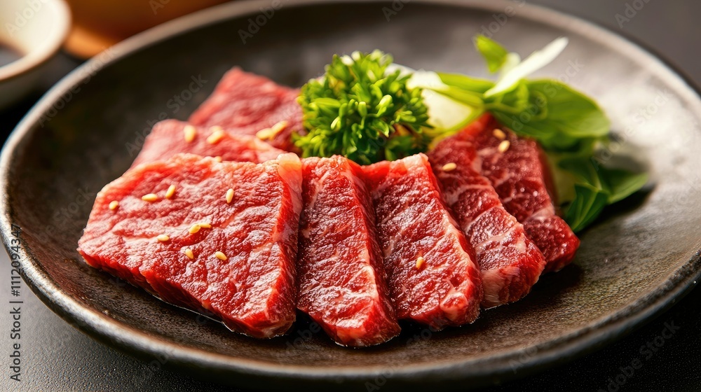 Fresh Raw Beef Slices on Plate with Green Garnish for Cooking Fresh Raw Beef Slices on Plate with Green Garnish for Cooking