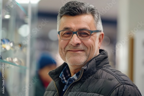 A content older man with salt-and-pepper hair and glasses smiles warmly in a modern setting, suggesting sophistication and timeless style in eyewear choices.