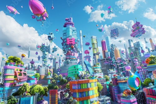A bustling, colorful futuristic city filled with whimsical flying airships and vibrant, modern skyscrapers, depicting innovation and urban development.