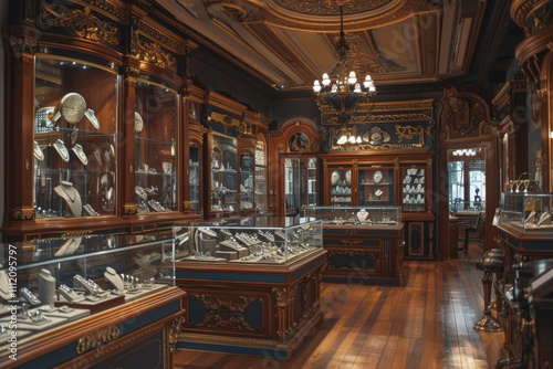 A vintage style jewelry showroom with opulent wood decor, chandeliers, and gracefully arranged showcases, highlighting the luxurious and timeless appeal.