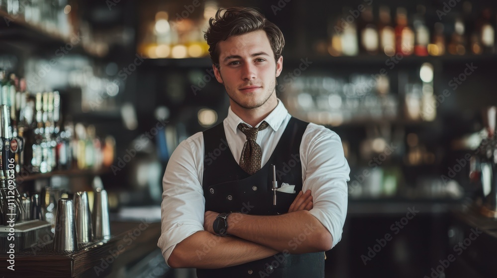 Fototapeta premium handsome young bartender, waist-length portrait. Dynamic perspective