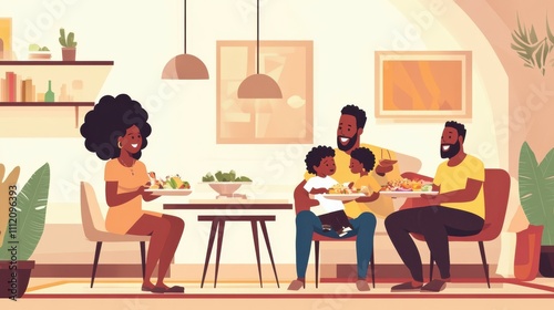 Happy african family eating at living room and enjoying time together. Home delivary takeaway food photo