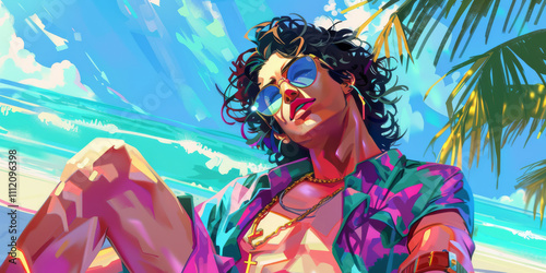 Cool anime summer guy, vibrant tropical beach vibes, stylish seaside