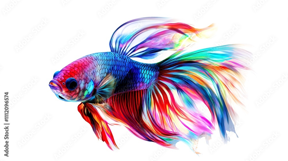Fototapeta premium Vibrant, colorful betta fish with flowing fins isolated on white background. Generative ai