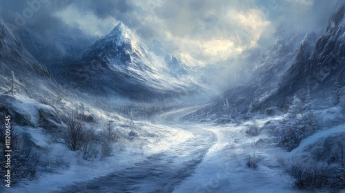 Path in mountains covered with snow.