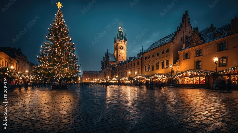 Fototapeta premium Festive Christmas Market with Illuminated Tree in Historic Square