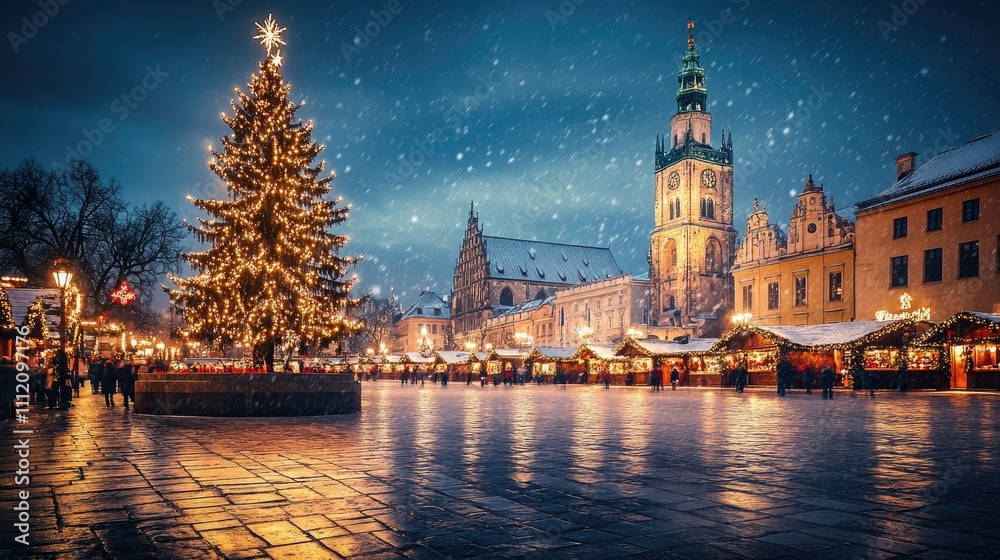 Obraz premium Enchanting Winter Scene with Christmas Market and Snowfall