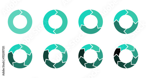 Set of pie chart in blue color isolated on white background.  Circle cut with arrow separated by 1, 2, 3, 4, 5, 6, 7, and 8 part. Circle arrows for infographic. 