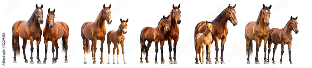Fototapeta premium Pack PNG of featuring a horse alongside a mare isolated set against a white background