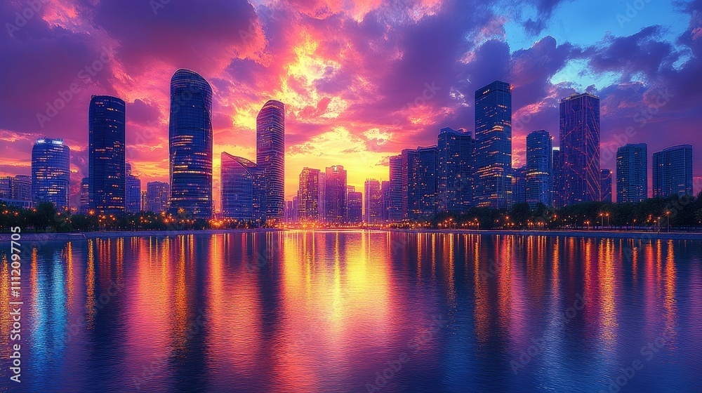 Obraz premium A vibrant city skyline at sunset reflected in water, showcasing urban beauty and tranquility.