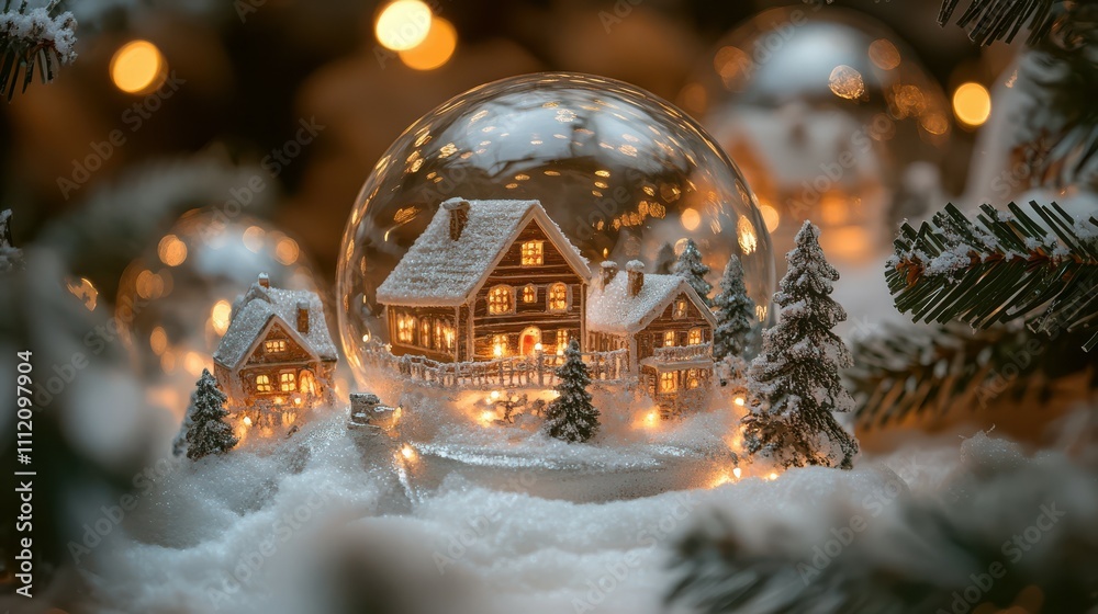 Cozy Christmas tree decorations with glass ornaments showcasing snow-covered villages and warm glowing lights Cozy Christmas tree decorations with glass ornaments showcasing snow-covered villages and warm glowing lights