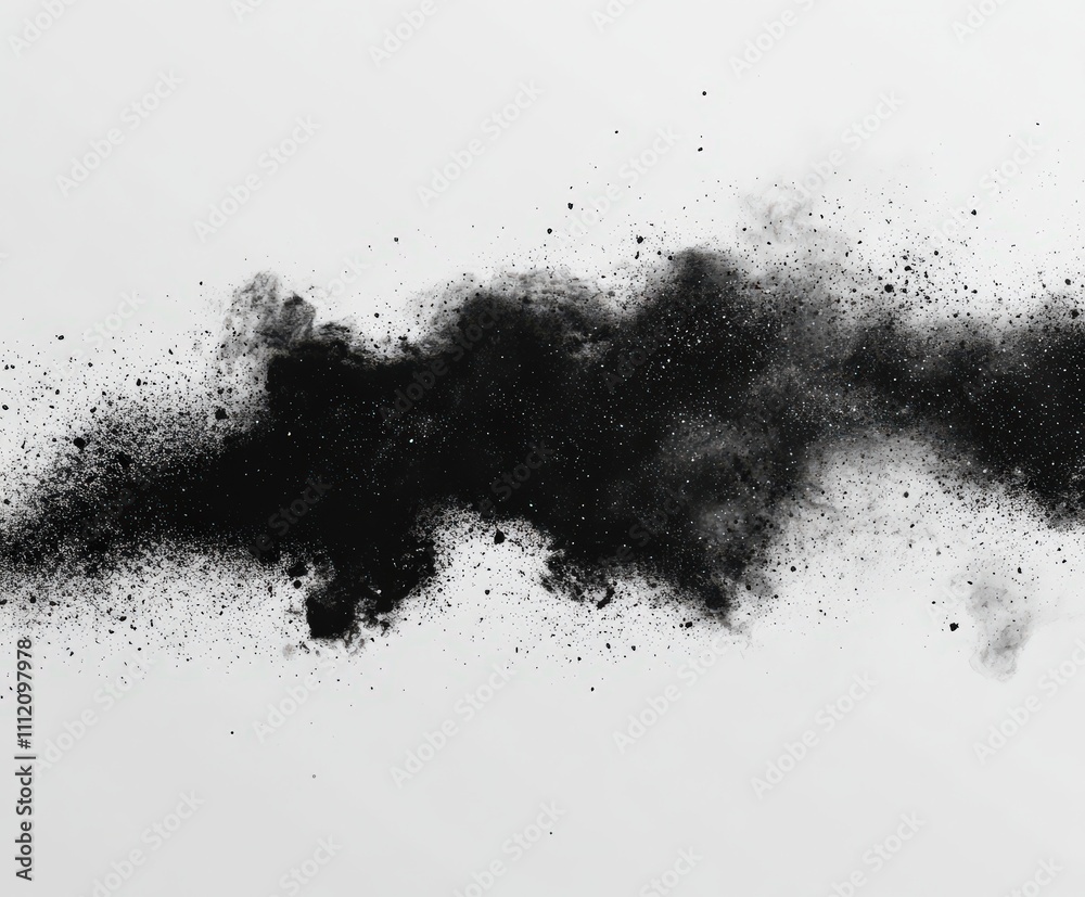 Fototapeta premium Abstract black powder explosion on white background; perfect for design projects, adding texture, or creating artistic effects.