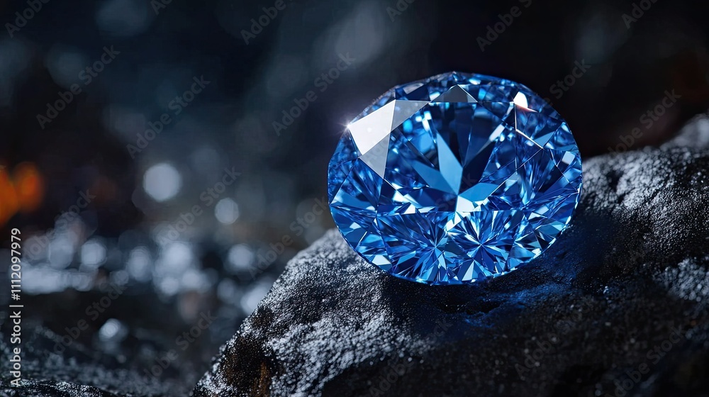 Fancy Blue Diamond on Dark Rock Surface with Sparkling Light Effects Fancy Blue Diamond on Dark Rock Surface with Sparkling Light Effects