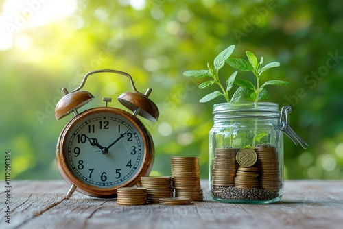 A clock and a jar of coins sit on a wooden table, concept of 