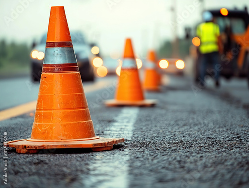 Road construction with orange traffic cones guiding vehicles safely. scene captures importance of safety measures during roadwork, highlighting cones visibility and blurred motion of passing cars photo