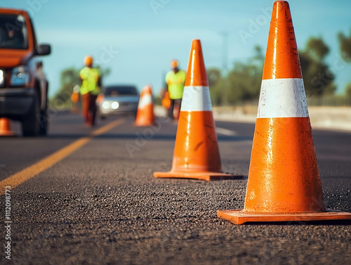 Road construction with orange traffic cones and workers in safety vests