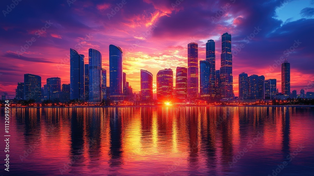 Obraz premium A vibrant city skyline at sunset reflecting on water, showcasing urban beauty and tranquility.
