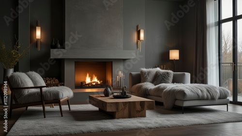 Modern living room featuring a rustic minimalist design, a corner sofa with soft grey and fur pillows by a warm fireplace