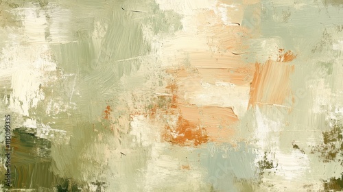 Earthy oil paint brush strokes in shades of olive green, terracotta, and cream, layered with visible textures, creating a calming and harmonious abstract composition, fully covering the background