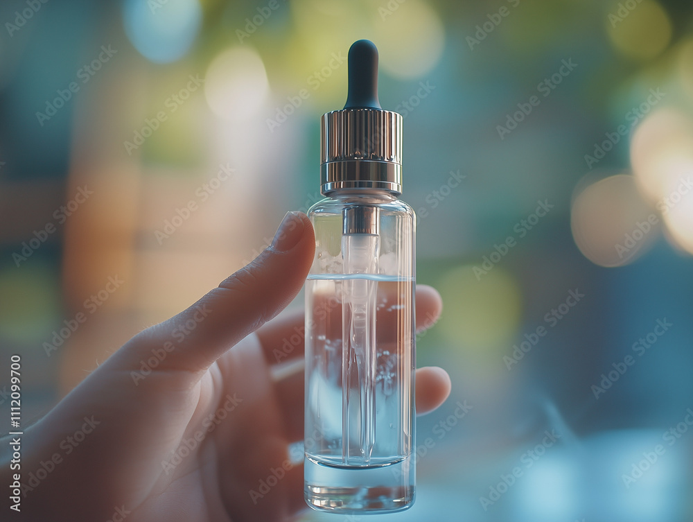 Person holding a vape device next to a bottle of vape juice, High-definition photography, Soft natural light, subtle blues and grays, relaxed and casual mood, clear bottle with fruit-flavored liquid Person holding a vape device next to a bottle of vape juice, High-definition photography, Soft natural light, subtle blues and grays, relaxed and casual mood, clear bottle with fruit-flavored liquid