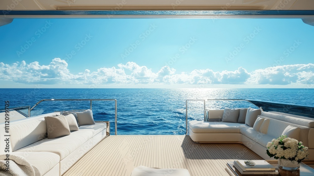 Fototapeta premium Serene Yacht Interior Overlooking Tranquil Ocean and Sky View