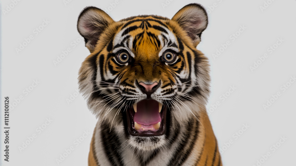 Obraz premium Portrait of a tiger with open mouth, isolated against a white background