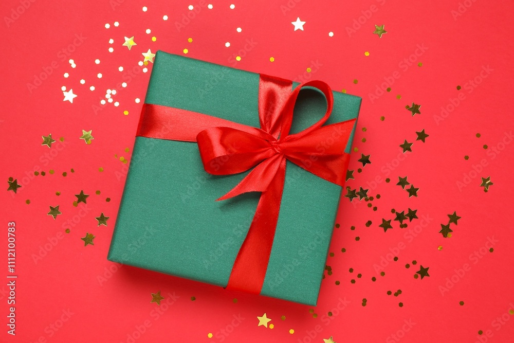 Obraz premium Beautiful gift box tied with bow on color background 