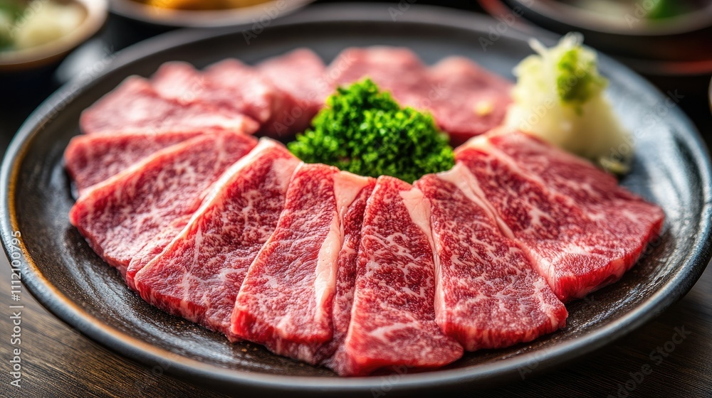 Freshly Sliced Premium Beef with Garnish on Black Plate Freshly Sliced Premium Beef with Garnish on Black Plate