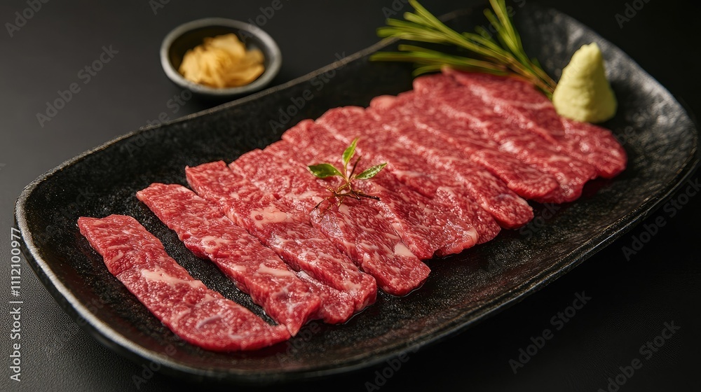 Fresh Slices of Marbled Beef with Garnishes and Spices in Plate Fresh Slices of Marbled Beef with Garnishes and Spices in Plate