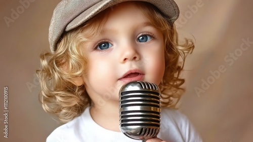 Toddler with curly hair sings into a vintage microphone, wearing a stylish cap, AI photo