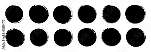 Round brush paint strokes. Black ink circles. Vector grunge calligraphic circular smears. Grungy black Chinese ink dot set. Paintbrush line border frames. Watercolor swirl lines. Japanese enso symbols