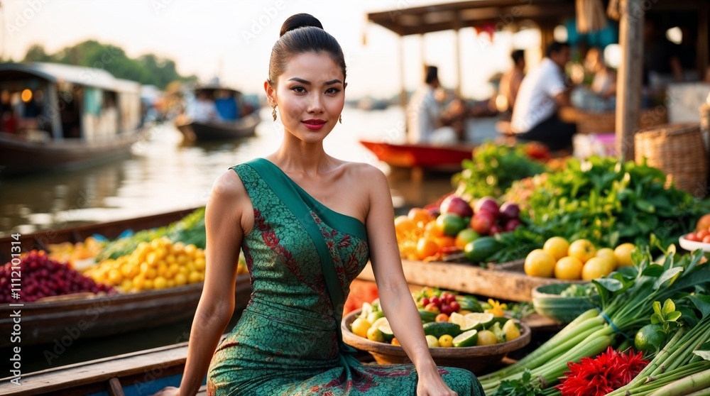 Graceful Woman at a Vibrant Floating Market Graceful Woman at a Vibrant Floating Market