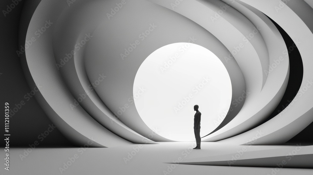 Obraz premium A lone figure stands in a surreal, swirling architectural space with a bright circular opening, AI