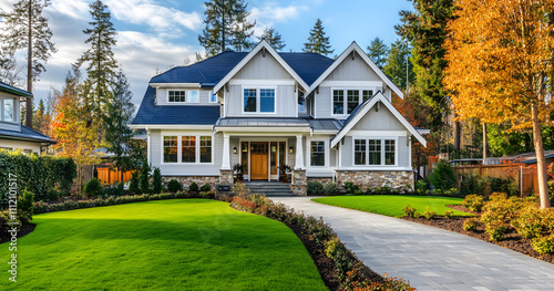 Beautiful modern two-story house with landscaped garden and pathway in a serene neighborhood
