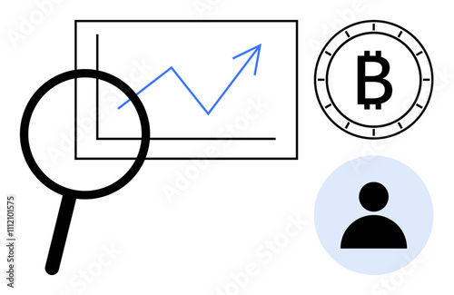 Magnifying glass highlighting upward financial chart, Bitcoin symbol, and user profile. Ideal for cryptocurrency analysis, financial growth, investment strategies, market research, data analysis