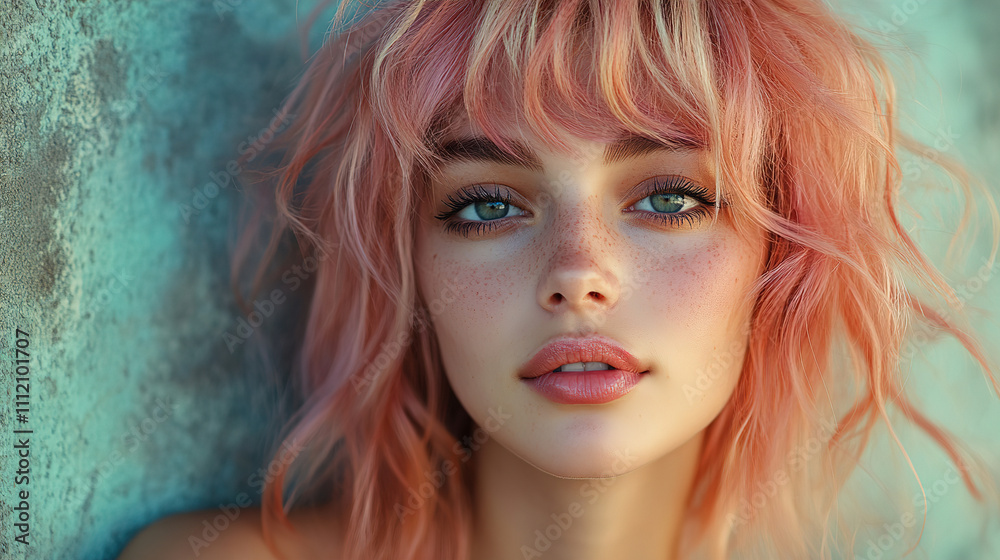 Young woman with pink hair and striking blue eyes poses against a textured wall in soft lighting. Generative AI Young woman with pink hair and striking blue eyes poses against a textured wall in soft lighting. Generative AI