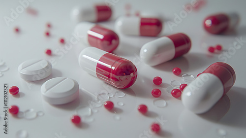 Red and white capsules with tablets and microbeads on a reflective surface, detailed pharmaceutical composition for healthcare and medication concept photo