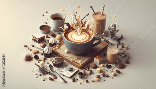 In the illustration you can see a wide variety of drinks: latte, coffee, espresso, cappuccino and various sweets. This illustration can be used as a banner ad for a coffee shop.