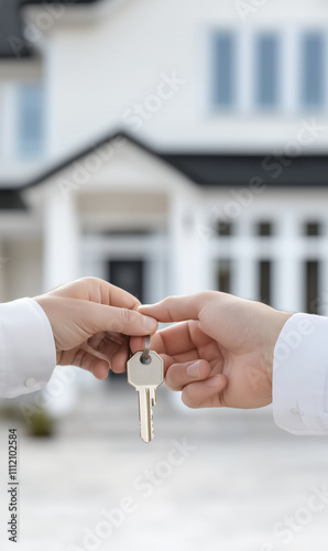 Close-up of hands exchanging a key in front of a house, symbolizing real estate, homeownership, or rental agreement photo