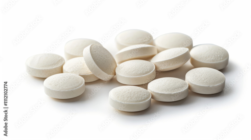 Pile of white round tablets on white background, clean and minimalistic pharmaceutical concept for healthcare and medicine Pile of white round tablets on white background, clean and minimalistic pharmaceutical concept for healthcare and medicine