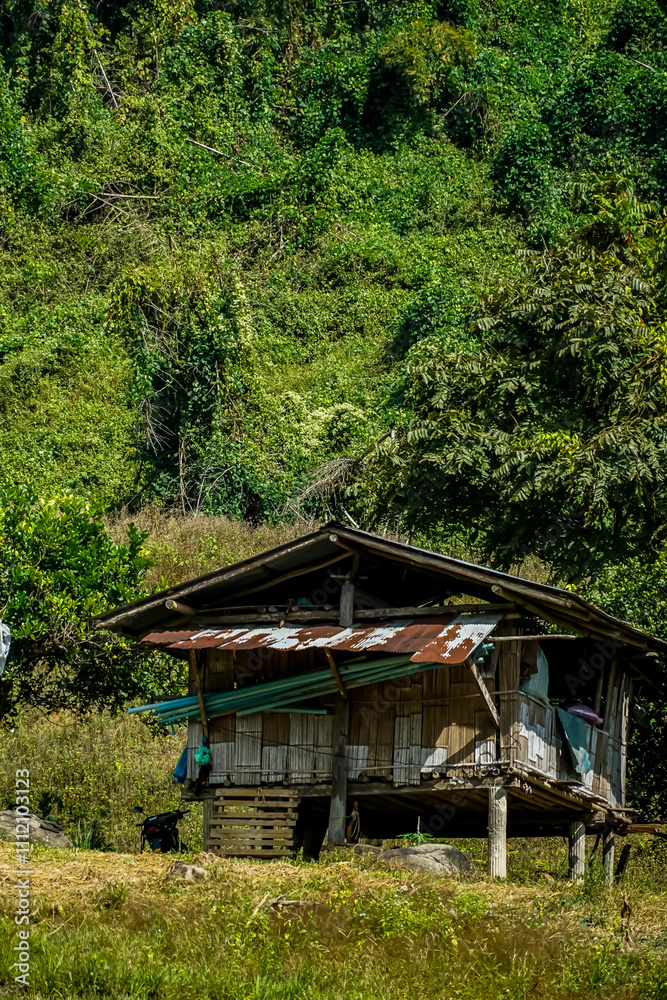 Traditional wooden house surrounded by lush greenery in the mountains capturing rural architecture and nature's beauty Traditional wooden house surrounded by lush greenery in the mountains capturing rural architecture and nature's beauty