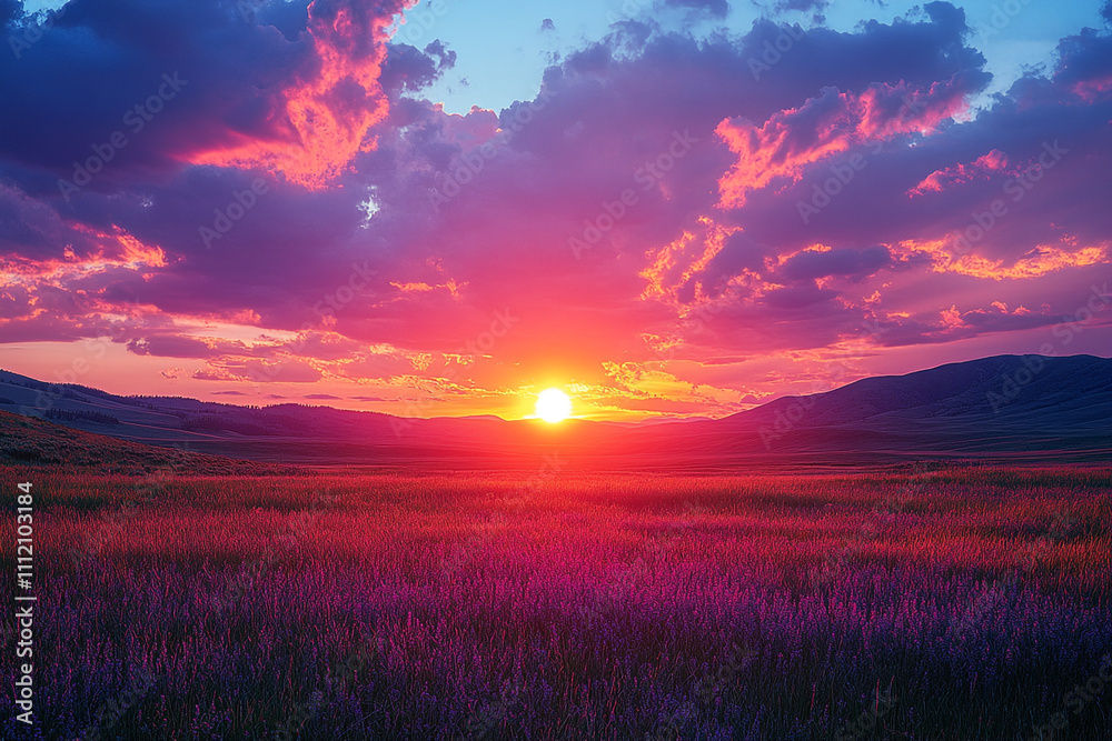 Fototapeta premium Vibrant Sunset Over Rolling Hills And Lavender Field